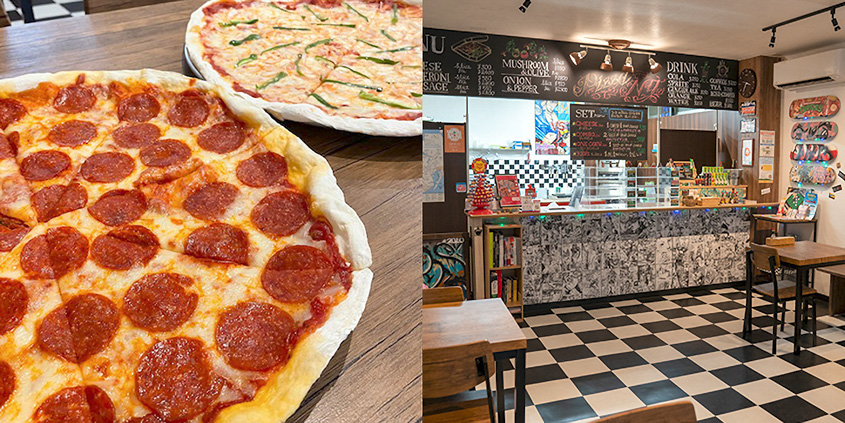 左：ピザの写真、右：「PIZZA NY」の店内の写真