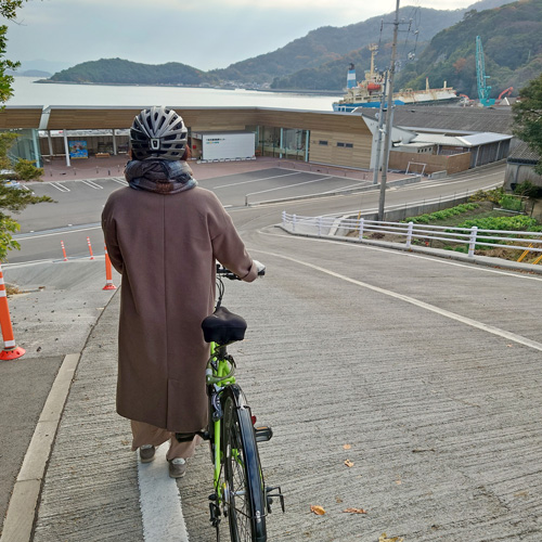 自転車を押してゆっくり坂道を降りている様子の写真