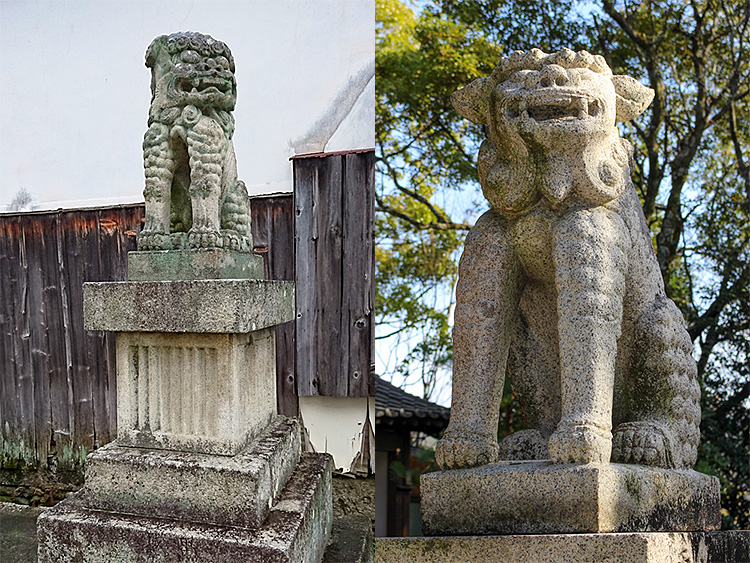 (左)花岡八幡宮参道にある寛政元(1789)年の狛犬(下松市)と降松神社若宮拝殿前の寛政2(1790)年の狛犬(右)の写真