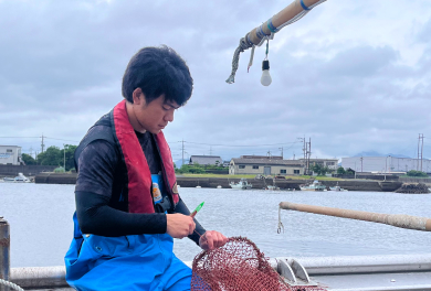 港に戻って網を手入れする様子